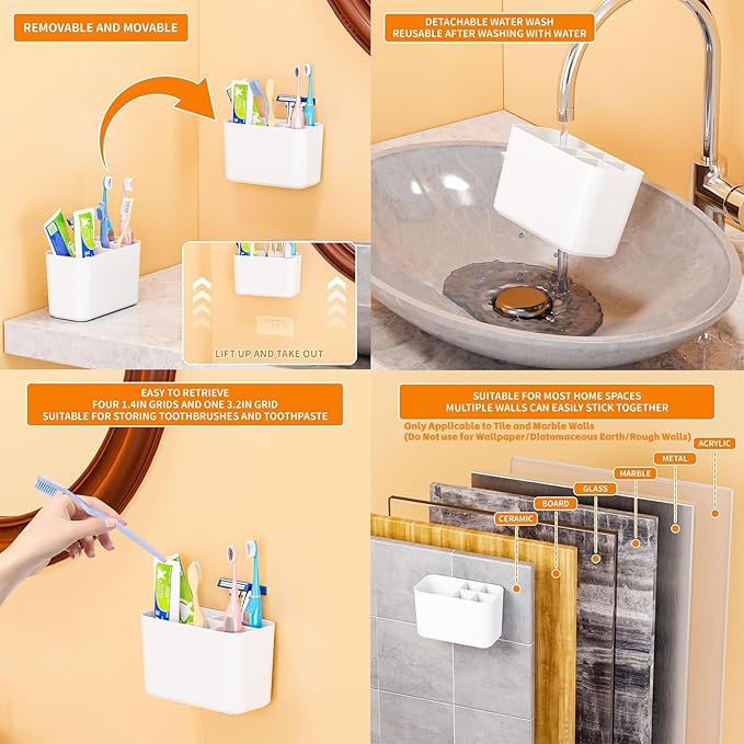Electric Toothbrush Holder for Bathroom Countertop and Wall Mounted with Adhesive,5 Slots Family Size White Tooth Brush and Paste Holder & Stand,Cute Kids Tooth Rush Holders and Toothpaste Organizer