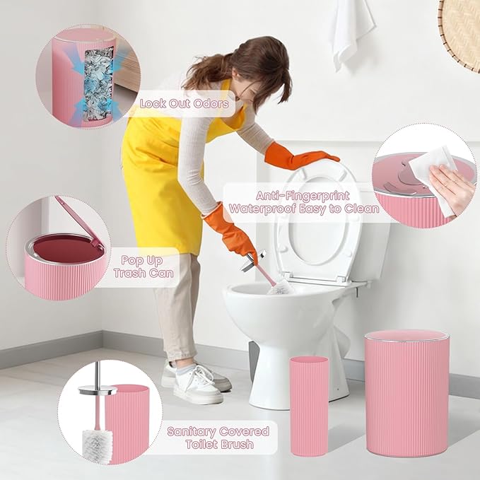 Light Pink Bathroom Accessories Set - Bathroom Sets, 25PC Bath Accessory Set, Bathroom Sets with Push Top Trash Can, Shower Curtain and Rugs, Toilet Brush, Trash Can & Soap Dispenser