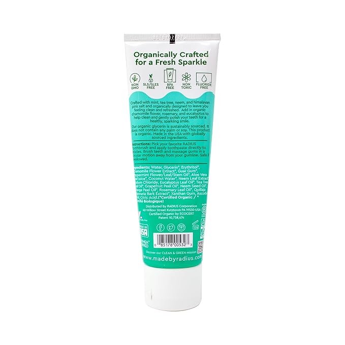 RADIUS USDA Organic Toothpaste 3oz Non Toxic Chemical-Free Gluten-Free Designed to Improve Gum Health & Prevent Cavity - Mint Aloe Neem - Pack of 2