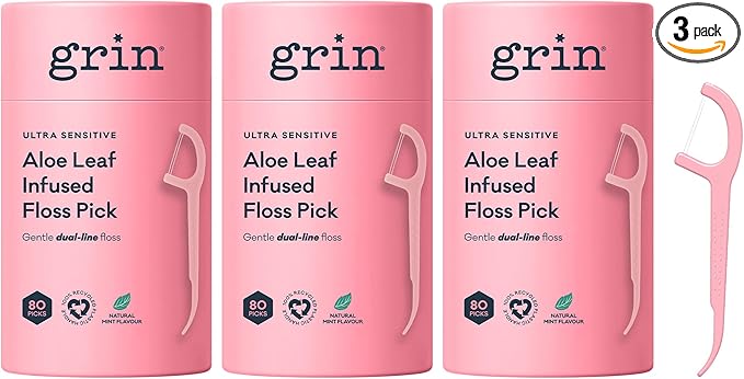 Grin Tooth Picks Flossers for Adults – Aloe Leaf Infused Dental Floss Picks for Teeth Cleaning - Natural Mint Flavor - 100% Recycled Plastic Handle - 80 Count Canister (Pack of 3)
