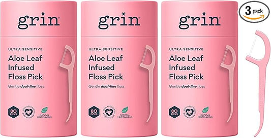 Grin Tooth Picks Flossers for Adults – Aloe Leaf Infused Dental Floss Picks for Teeth Cleaning - Natural Mint Flavor - 100% Recycled Plastic Handle - 80 Count Canister (Pack of 3)