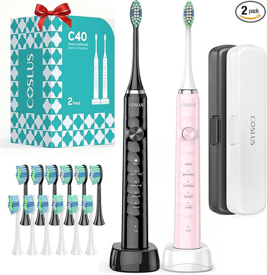 COSLUS Sonic Electric Toothbrush for Adults: 47000 VPM for Deep Cleaning & Whitening with Travel Case - 5 Modes for Sensitive Teeth & Braces, Wireless Charging, 6 Brush Heads, Black & Pink (2PCS)