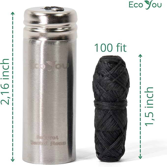 Charcoal Bamboo Floss | 2 Non Toxic Natural Floss Refill with Metal Container | Organic Mint & Candelilla Wax | Vegan & Biodegradable | Compatible w/Similar Dental Floss Silk Refill Containers