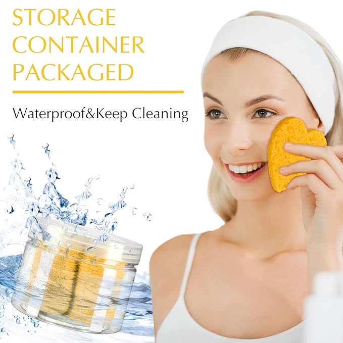Nuenen 60 Pieces Facial Sponges with Container, Heart Shape Compressed Face Sponges Natural Cleaning Pads for Washing Face Cleaning Exfoliating Esthetician Makeup Removal(Yellow)