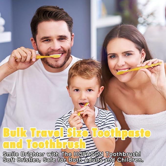 HOFASON Disposable Toothbrushes with Toothpaste Pack of 50, Yellow Hollow Travel Toothbrush Set with 5g Bulk Toothpaste Individually Wrapped for Homeless, Nursing Home, Shelter, Hotel