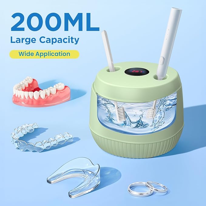 Dental Ultrasonic Retainer Cleaner Machine - Dental Cleaning Pod for Denture, Mouth Guard, Aligner, Night Guard, Braces, Toothbrush Heads, Jewelry, 45kHz Retainer Cleaner with Digital Timer & 200ML