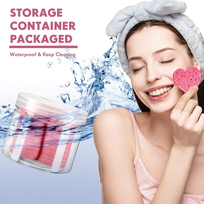 Nuenen 60 Pieces Facial Sponges with Container, Heart Shape Compressed Face Sponges Natural Cleaning Pads for Washing Face Cleaning Exfoliating Esthetician Makeup Removal(Pink)