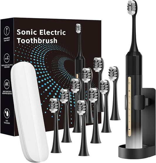 Sonic Electric Toothbrush with 10 Brush Heads for Adults and Children, Up to 30 Days on a Single Charge,5 Modes,Built-in 2-Minute Smart Timer, IPX8 Waterproof Electric Toothbrush (Black White)