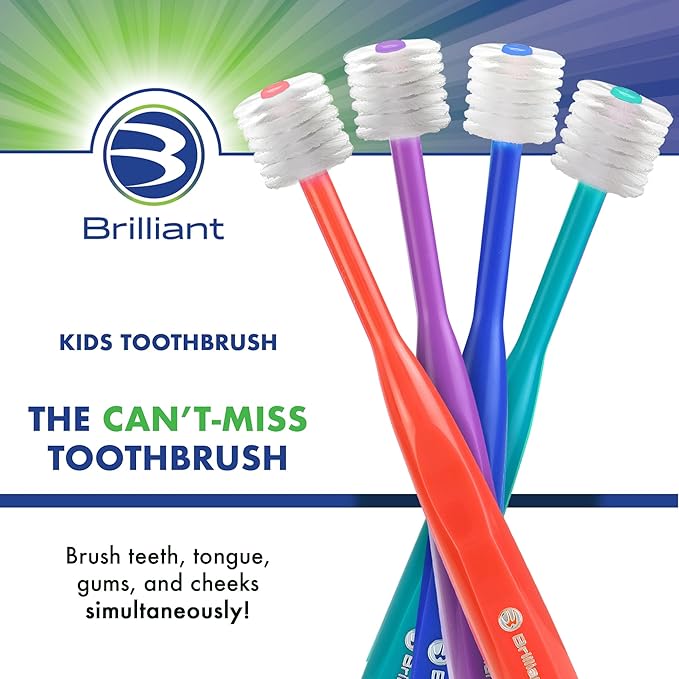 Brilliant Oral Care Kids Toothbrush with Soft Bristles and Round Head, for a Child Approved, Easy to Use All-Around Clean Mouth, Ages 5-9 Years, Royal Purple Teal, 3 Pack