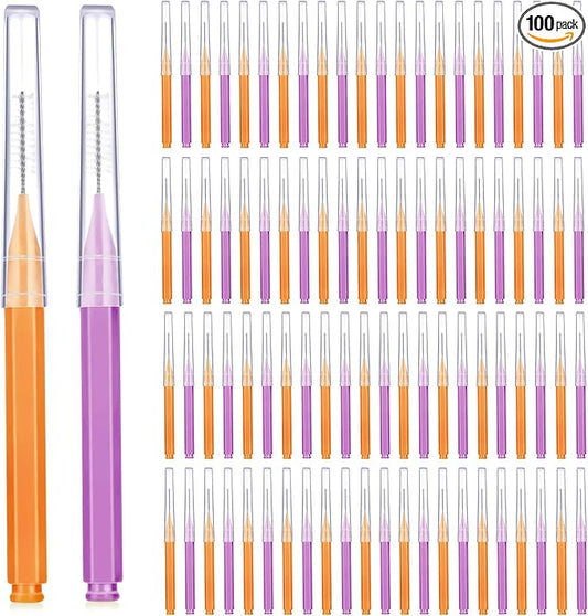 Patelai 100 Pieces Braces Brush for Cleaner Interdental Brush Toothpick Dental Tooth Flossing Head Oral Dental Hygiene Flosser Toothpick Cleaners Tooth Cleaning Tool(Purple, Orange,Cute Size)
