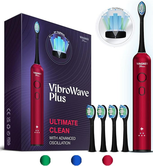 Wagner Stern VibroWave Plus Oscillation & Vibration Sonic Electric Toothbrush with 4 Brush Heads. IPX7 Waterproof.