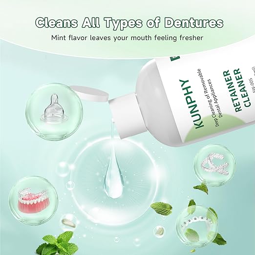 KUNPHY Ultrasonic Retainer Cleaner Solution Concentrate - 2 Pack Value Bundle, Professional Cleaning for Retainers, Dentures, Invisible Aligners, Mouth Guards, Removes Odors & Stains, 16 oz (Mint)