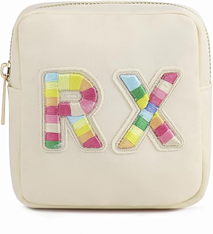 uekeboag Personalized Small Nylon Rx Cosmetic Bag, Cute Chenille Letter Patch Medicine Drug Pouch with Zipper,Preppy Makeup Travel Vitamin Bag for Women and Girls（01Sand）