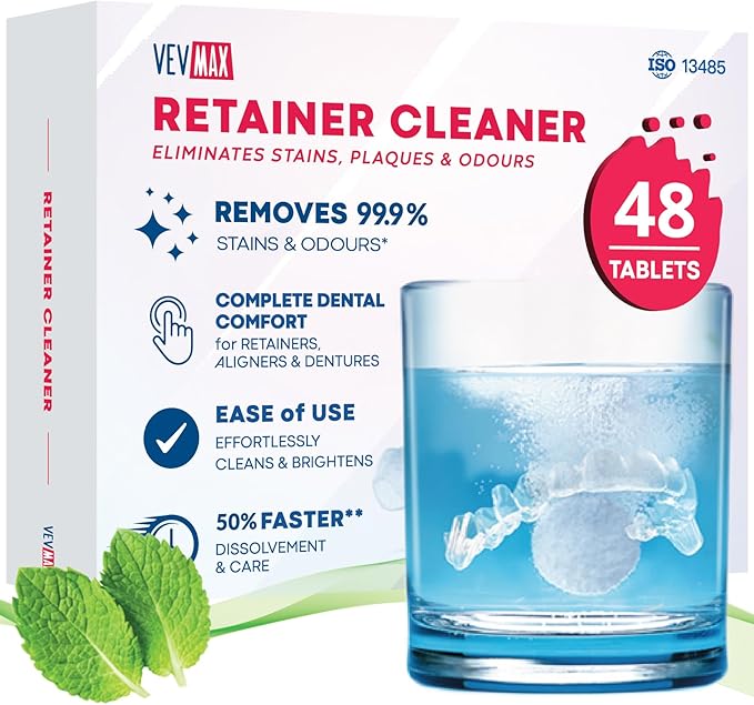 Retainer Cleaner Tablets - 48 Tablets (1.5 Months Supply) - Denture Cleaning, Removes Stains & Odours, Freshens Aligners, Mouthguards, Nightguards - Perfect for Ultrasonic Retainer Cleaner