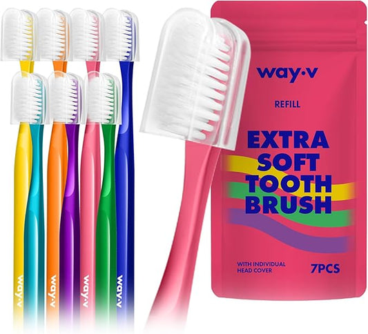 WAY.V Extra Soft Toothbrush Refill for Adults Sensitive Gums and Teeth with Individual Head Covers, 7 Pcs Manual Toothbrushes - Family and Guests - Pink (7 Counts, Soft Bristle)