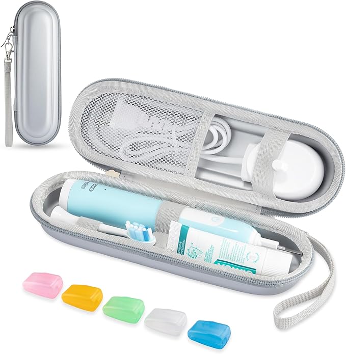 TYSORETY Toothbrush Travel Case for Oral B/Oral-B Pro 1000 1500 5000 7000 & Philips Sonicare 4100 1100 5300 5100 6100/iO Electric Toothbrush, Hard Protective Storage Bag (Silver case&toothbrush cap)
