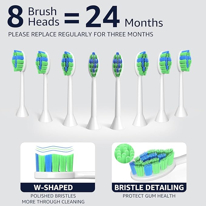 7AM2M Sonic Electric Toothbrush, High Power Rechargeable Toothbrushes, with 8 Brush Heads for Adults and Kids, 15 Adjustable Modes, Built-in 2-Minute Smart Timer, 4 Hours Fast Charge (Light Green)
