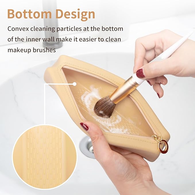 Nuomeisi Silicone Makeup Brush Holder Travel Cosmetic Bag: Soft Portable Cosmetic Face Brushes Organiser with Upgrade Anti-Fall Off Zipper, Large Capacity Travel Makeup Brush Case - Khaki