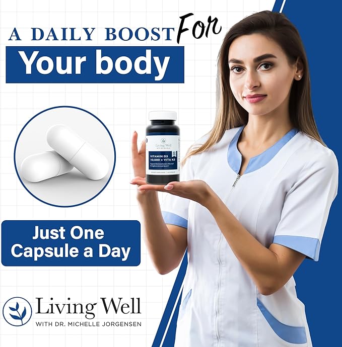 Living Well with Dr. Michelle Vitamin D3 10,000 IU with K2 – Immune, Teeth, Bone Health Support, Non-GMO, Gluten & Dairy Free, 60 Day Supply, 60 Capsules