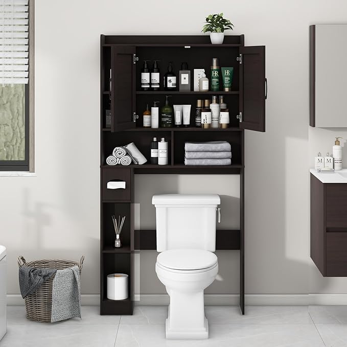 Over The Toilet Storage Cabinet, Farmhouse Storage Cabinet Over Toilet with 2 Barn Door & Toilet Paper Holder Stand, Home Space-Saving Toilet Rack, for Bathroom, Restroom (Black)