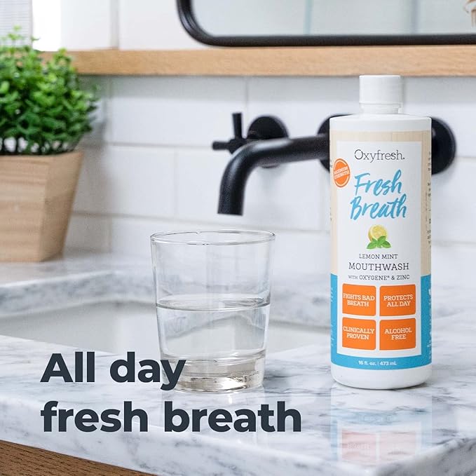 Oxyfresh Lemon Mint Fresh Breath Mouthwash – Bad Breath Treatment – SLS & Fluoride Free – Alcohol Free, Gentle Nonburning with Xylitol & Essential Oils – Pro Size Gallon 128 oz