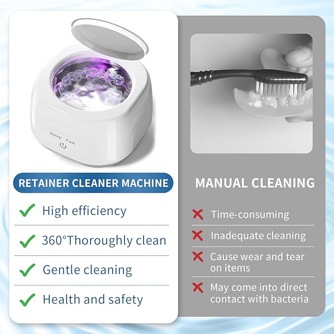 Ultrasonic Retainer Cleaner Machine - 45kHz Dental Cleaning for Retainer Cleaner, Denture, Mouth Guard, Aligner, Jewelry Cleaner, Toothbrush Heads with Dual Mode & 250ML Capacity, White