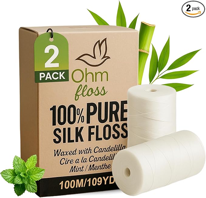 Ohm Earth’s Ohm Floss Refill – Natural Silk Dental Floss for Refillable Bamboo/Steel Holder, Candelilla Wax, 100% Compostable, Eco Oral Care, 109yds/100m (2-Pack) Natural Mint