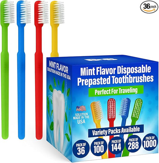 36 Prepasted Disposable Toothbrushes | Travel Toothbrush Set On The Go Toothbrush | Individually Wrapped Soft Bristle,Airbnb Gifts | No Water Needed, Paste Made in USA, Great Fot Travel (36 Pack)