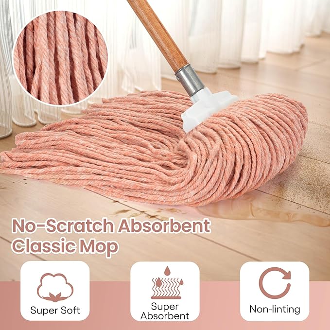 Matthew Cleaning Screw-on Heavy Duty Cotton Wet Mop Replacement Heads(Orange, Large,6 Pack) with 2 Pack Microfiber Cloth for Residential & Commercial Floor Cleaning Use- Fit Standard American Screw