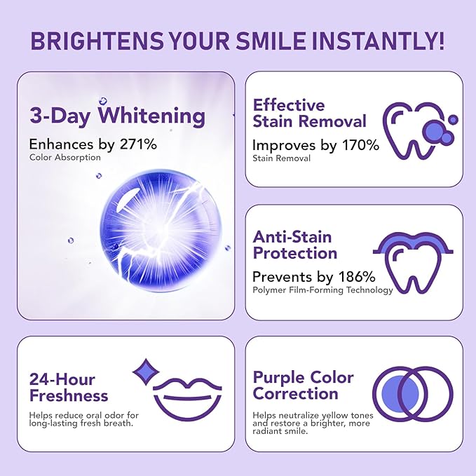 Teeth Whitening Powder, Teeth Whitening, Whitening Toothpaste Power, Removes Stains, No Sensitivity, Breath Freshener, Mint Flavor Purple Brightening Powder 30g