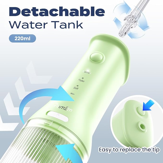 7AM2M Portable Cordless Water Flosser, Oral Irrigator with 3 Modes & 2 Tips, Fast Rechargeable, IPX7 Waterproof, Dental Water Flosser for Travel and Home Use (Light Green)