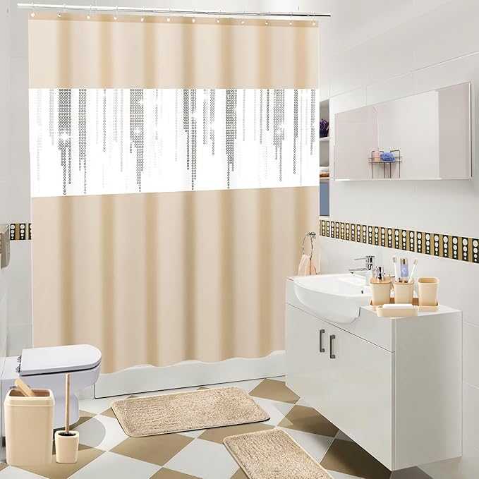 Beige Bathroom Accessories Set with Glitter Shower Curtain and Rugs,Bathroom Sets with Extra Soft and Absorbent Bath Rugs Sequin Shower Curtain Green Bathroom Sets for Bath Decor