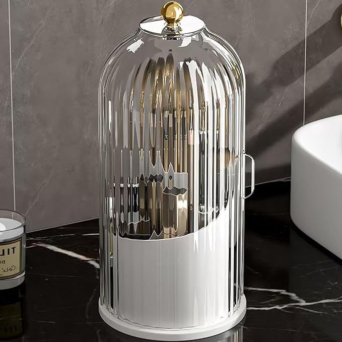 Makeup Brush Organizer Toothbrush Holder with Transparent Door Lid, 360 Rotating Sliding Opening, Door Dustproof&Waterproof for Vanity Bathroom Bedroom (Black)