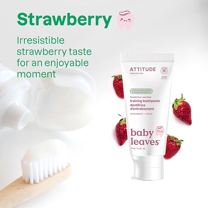 ATTITUDE Baby & Child Fluoride-Free Training Toothpaste, Natural, Vegan & EWG Top Scoring, Strawberry, 2.5 Oz (16721) (Pack of 2)