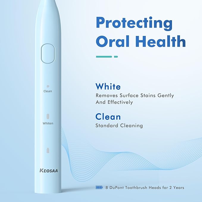 Sonic Toothbrush with 8 Brush Heads, Rechargeable Electric Toothbrush with Fast Charge 4 Hours Last 60 Days, 2-Min & 30s Smart Timer, IPX7 Waterproof(Blue)