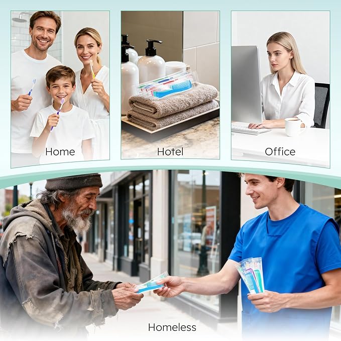 Disposable Toothbrushes with Toothpaste and Comb in Bulk, Individually Wrapped Soft Bristle Travel Size Basic Hygiene Kits, for Travel Hotel Camping Charity Homeless Shelter Donation in 5 colors (200)
