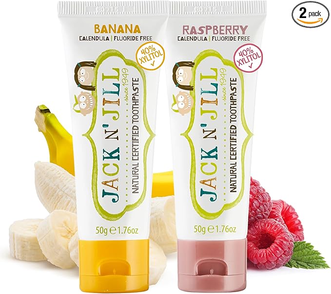 Jack N' Jill Natural Toddler Toothpaste - Fluoride Free Training Toothpaste for Toddlers 1-3, 40% Xylitol, BPA Free - Banana & Raspberry, 1.76 oz (Pack of 2)