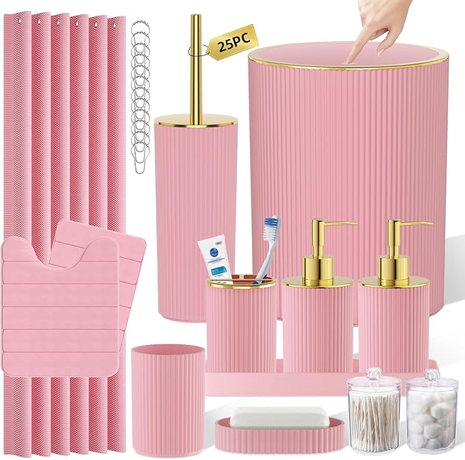 Light Pink Bathroom Accessories Set - Bathroom Sets, 25PC Bath Accessory Set, Bathroom Sets with Push Top Trash Can, Shower Curtain and Rugs, Toilet Brush, Trash Can & Soap Dispenser