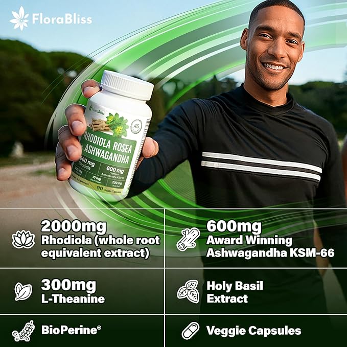 FloraBliss Rhodiola Rosea 2000mg with Ashwagandha KSM-66, L-Theanine, Holy Basil & BioPerine - 90 High Potency Vegan Capsules - Herbal Adaptogen for Energy & Wellness - No Artificial Additives
