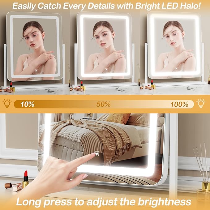 Makeup Vanity Mirror with Lights 15.2" Large LED Lighted Mirror, Hollywood Make Up Mirror with Lighting for Bedroom Tabletop, Smart Touch, 360° Rotation, (White)