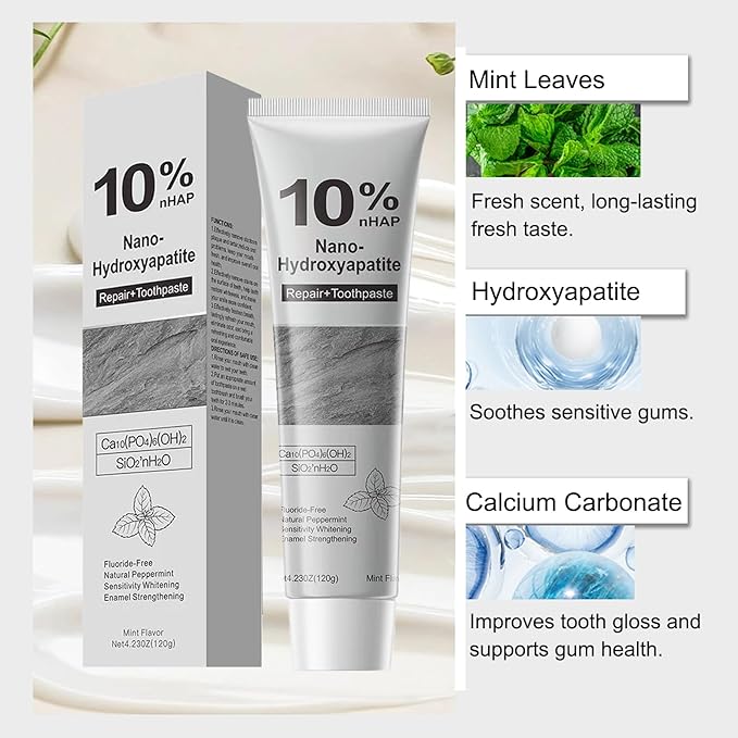 Hydroxyapatite Toothpastes, 10% Nano-Hydroxyapatite Toothpaste, Fluoride-Free Toothpaste, Gentle on Sensitive Teeth Strengthens Enamel (2)