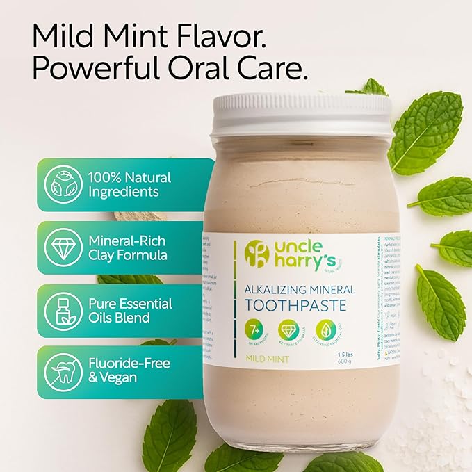 Uncle Harry's Mild Mint Remineralizing Toothpaste 1.5 lbs Jar | Natural Whitening Freshens Breath & Promotes Enamel | Vegan Fluoride Free Toothpaste