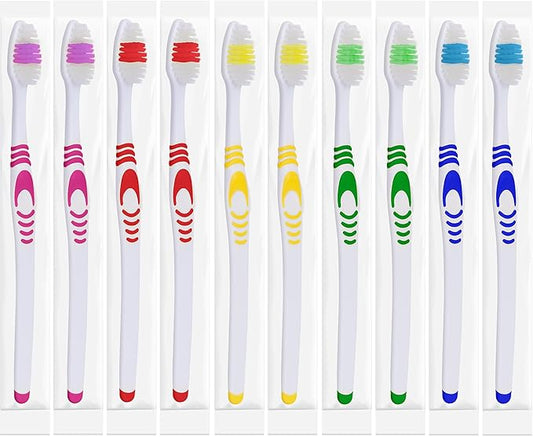 Lingito Bulk Toothbrushes - Individually Wrapped, Manual Disposable Travel Toothbrush Set for Adults or Kids, Made with a Medium-Soft Large Head, Travel Toiletry Oral Set (10-Pack, Multicolor)