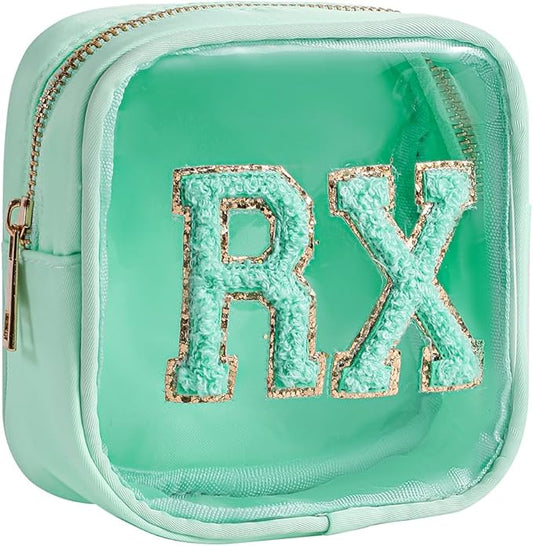 Small Chenille Letter Clear Medicine Makeup Bags,Nylon PVC Waterproof Rx Pouch with Metal Zipper, Cute Drug First Aid Travel Organizer for Women Girls(01Mint)