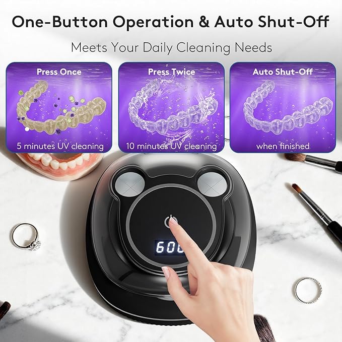 Ultrasonic Retainer Cleaner Machine, 48kHz Dental Cleaning Pod for Night Guards, Mouth Guards, Aligner, Braces, Toothbrush, Jewelry, Ultrasonic Dentures Cleaner with Digital Timer, 220ML, Black