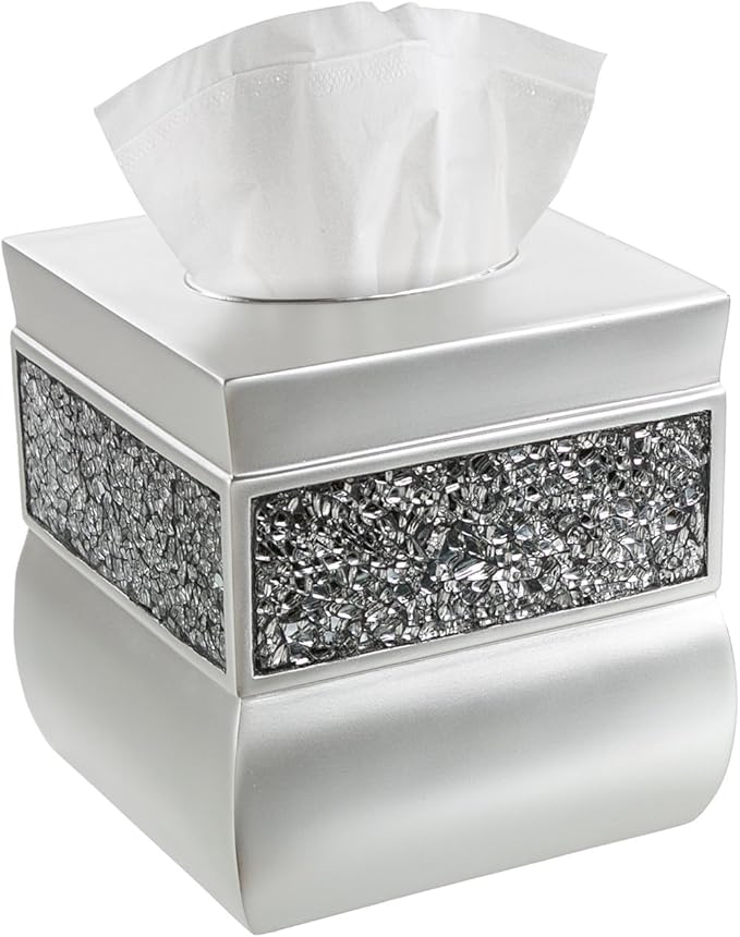 Crackled Glass Silver Tissue Box Cover Square - Decorative Tissue Box Holder - Tissue Holder Vessel for Bathroom with Durable Bottom Slider, Elegant Home or Bathroom Decor