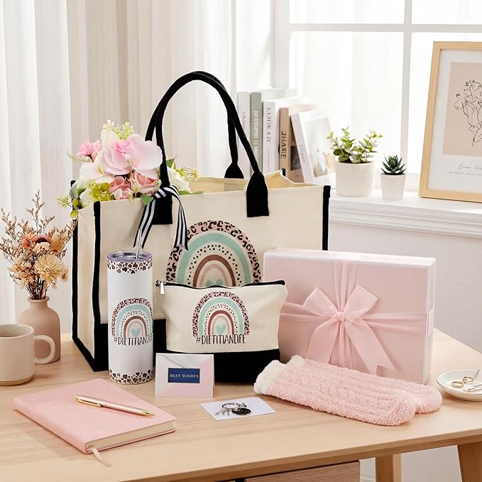 Geiserailie 8 Pcs Dietitian Gifts for Women Including Large Tote Bag Cosmetic Bags Tumbler Cup Plush Socks Metal Keychain Card and Envelope for Christmas Dietitian Nutritionist Thank You Gifts
