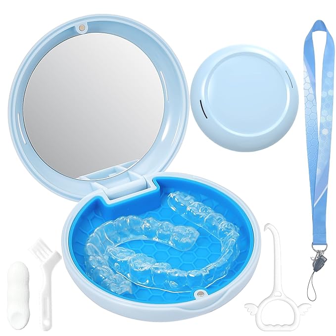 Retainer Case with Mirror and Lanyard,Slim Aligner Case with Vent Holes,Cute Dental Brace Box with Retainer Removal Tool and Brush (Blue with Lanyard)