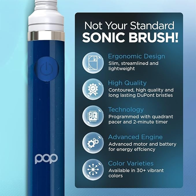 Pop Sonic Electric Toothbrush (Navy + 6 Brush Heads) - Travel Toothbrushes w/AAA Battery | Kids Electric Toothbrushes with 2 Speed & 15,000-30,000 Strokes/Minute, Dupont Nylon Bristles