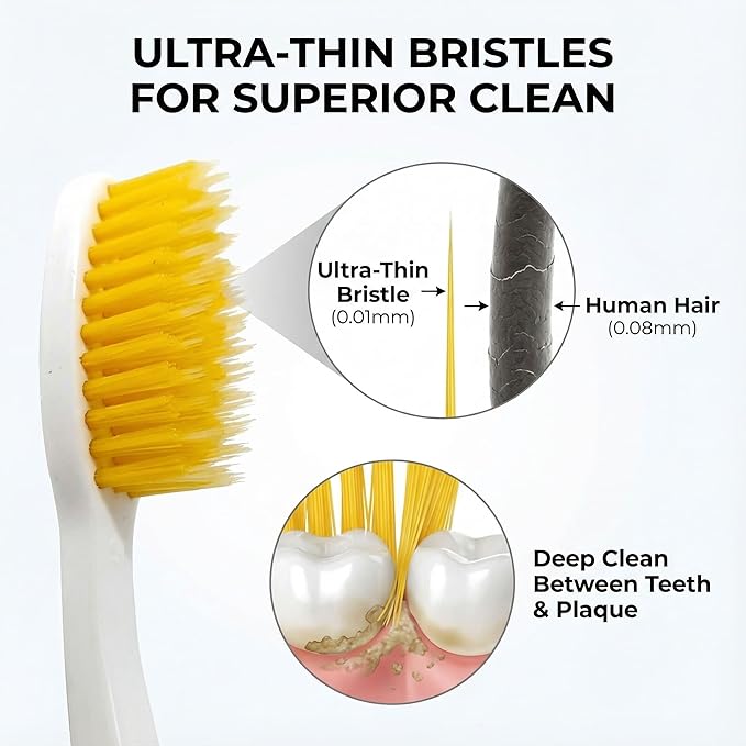 Dolphin Gold [4 Packs] Extra Soft Toothbrush Manual Long Flossing Bristle, Ultra Clean Toothbrush, Good for Sensitive Teeth and Gums (Green, Gold 4 Packs)